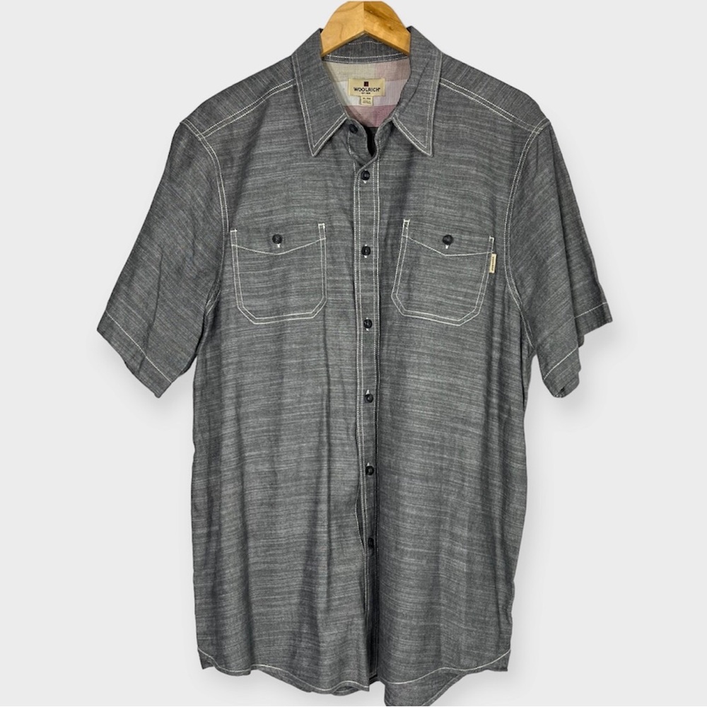 Woolrich Shirt Mens XL Gray Short Sleeve Button Down Cotton Camp Shirt